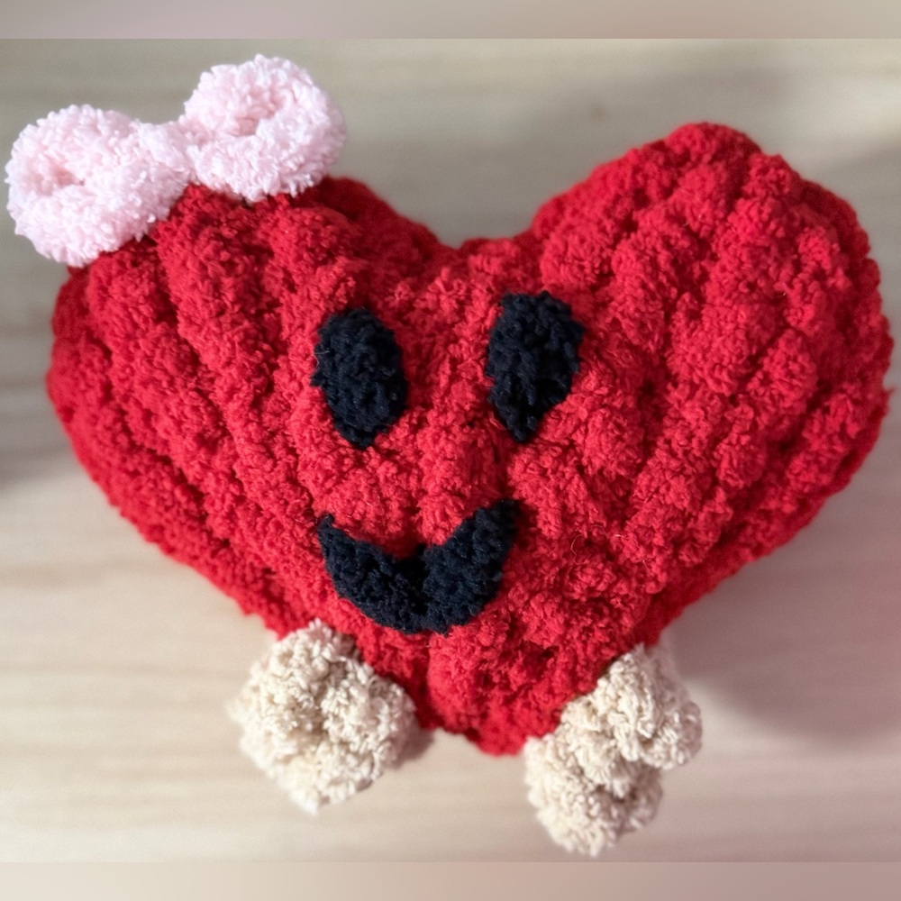 Handmade hand crafted Knit Red Heart Plushie with Pink Bow